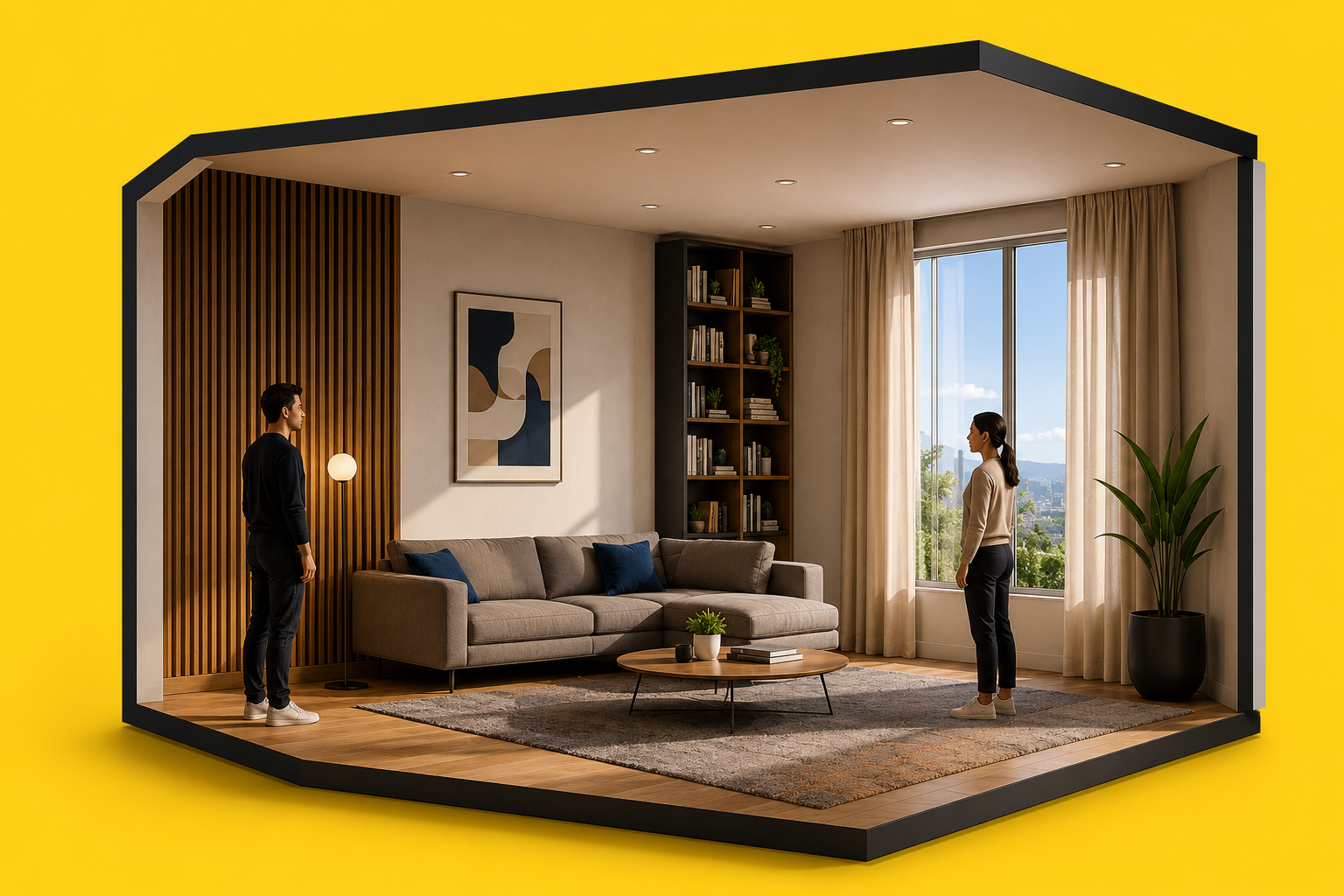 Premium cutaway room with two people facing one another